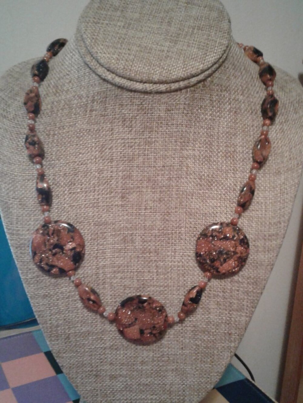 Jewelry Set Gold & Blue Sandstone Bead Necklace & Matching Dangle Earrings NEW